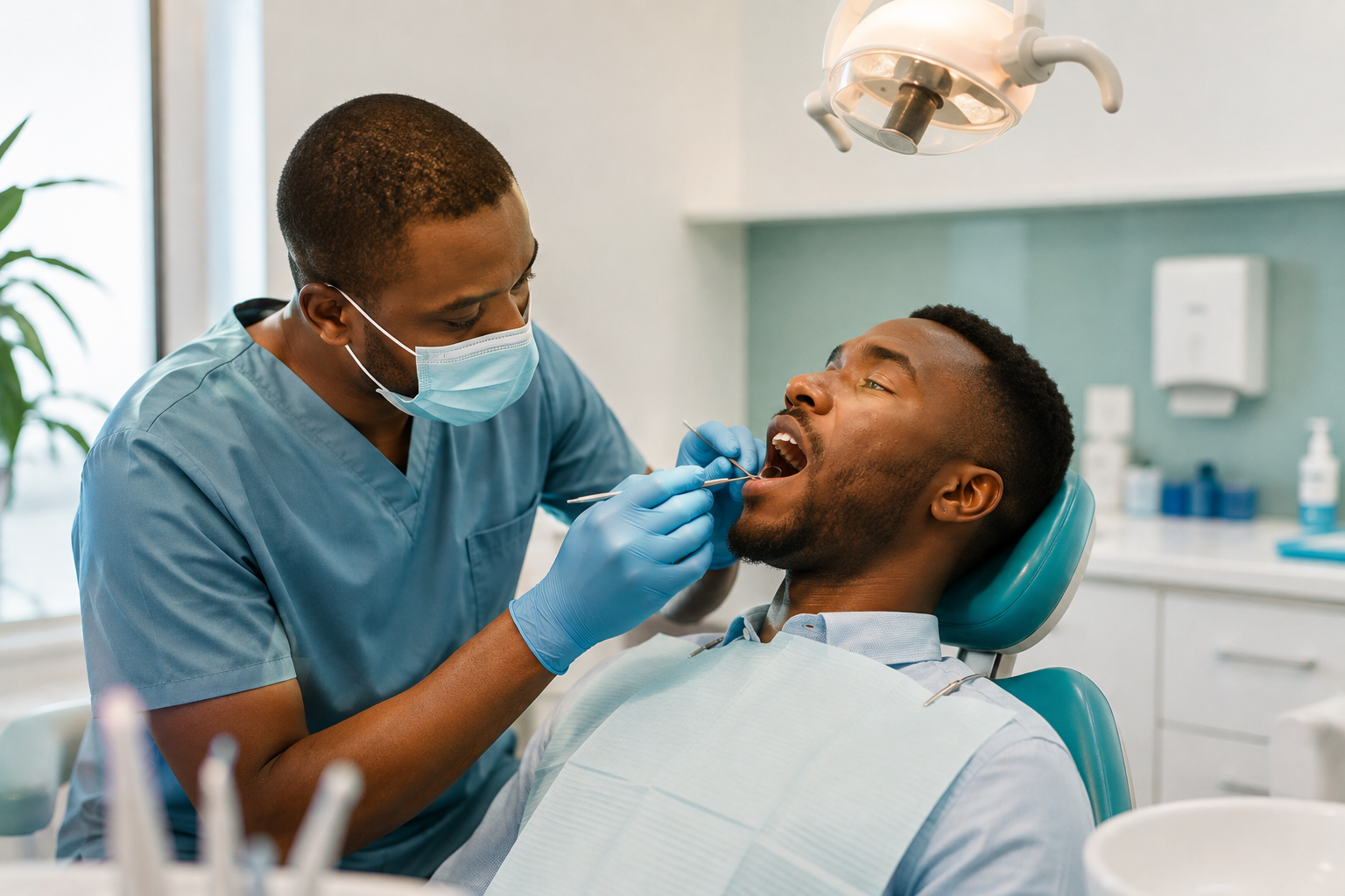Dentist assessing a patient before a frenectomy in Nairobi CBD at DentMind CBD Dental Centre.