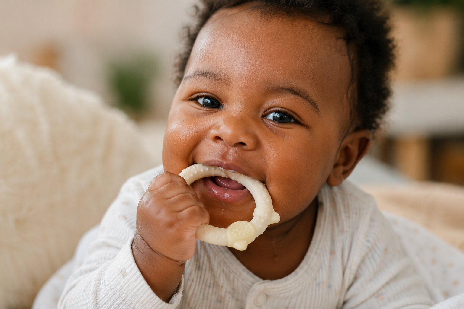 Teething in babies: infant chewing on a chilled silicone teething ring with sore gums.