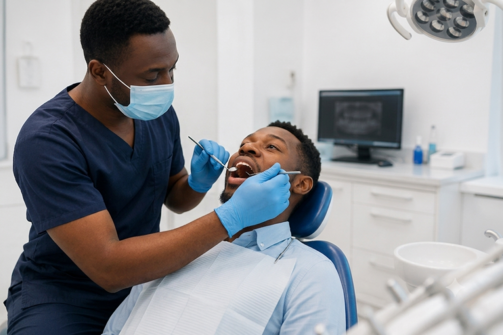 dentist carrying out a routine dental check up in Nairobi CBD.