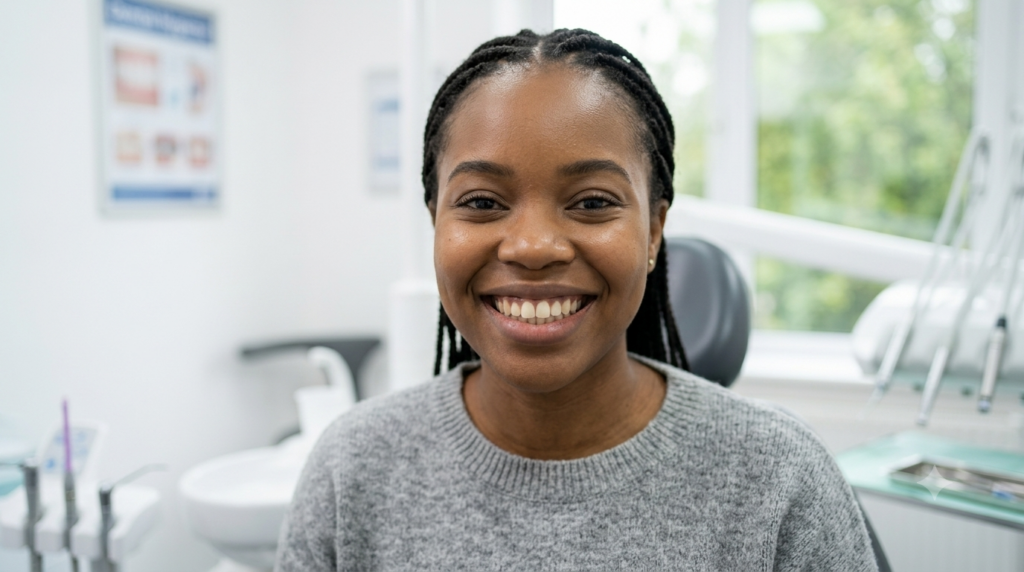 smiling patient after a covered dental treatment in Nairobi CBD.