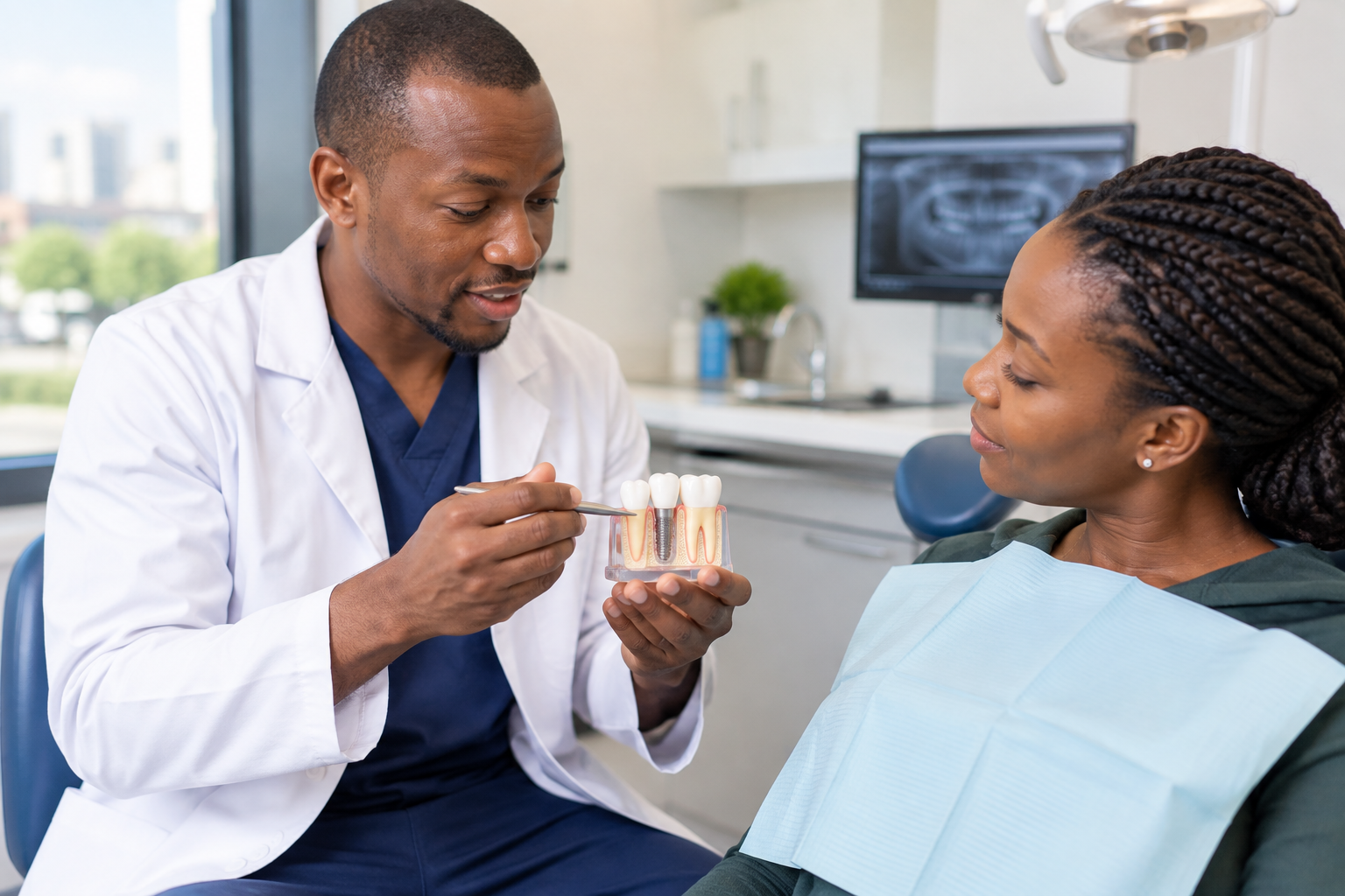 Dentist examining a dental implant model with a patient as she explains to her about dental implants in a Nairobi dental clinic.