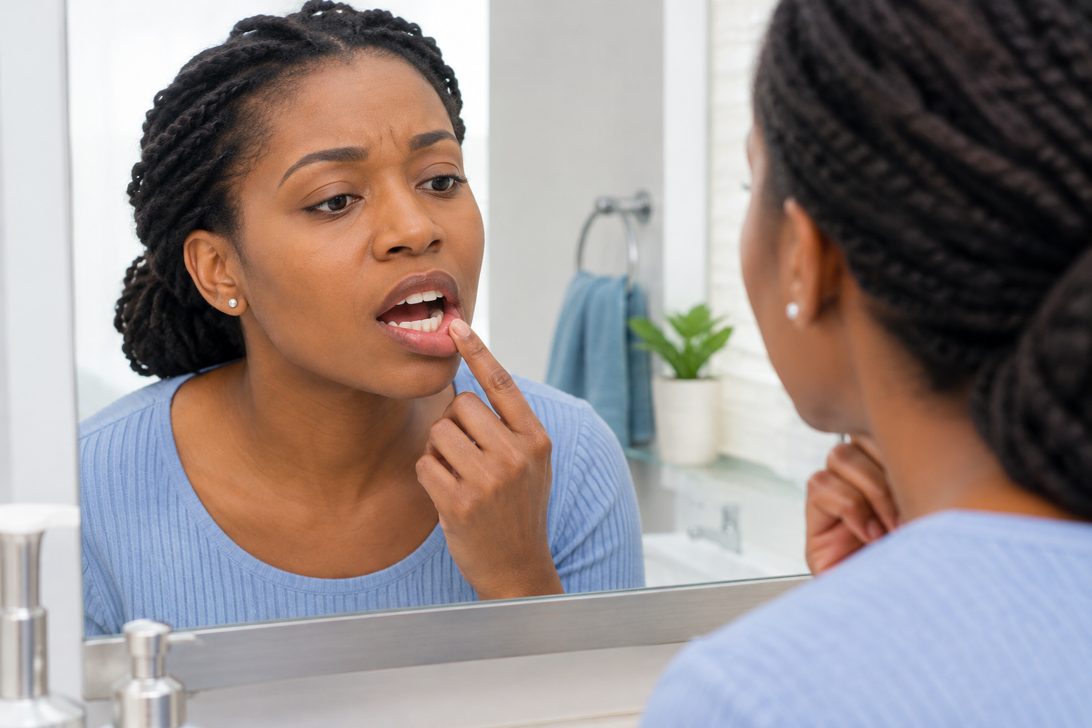 erson checking a mouth sore that won't heal in a mirror before a dental visit.