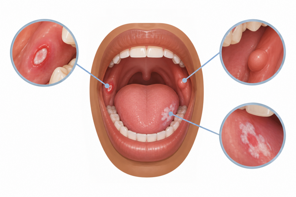 A Mouth Sore That Won't Heal: Warning Signs and When You Need an Oral Biopsy. Common oral cancer warning signs including a mouth sore, lump and white or red patch.
