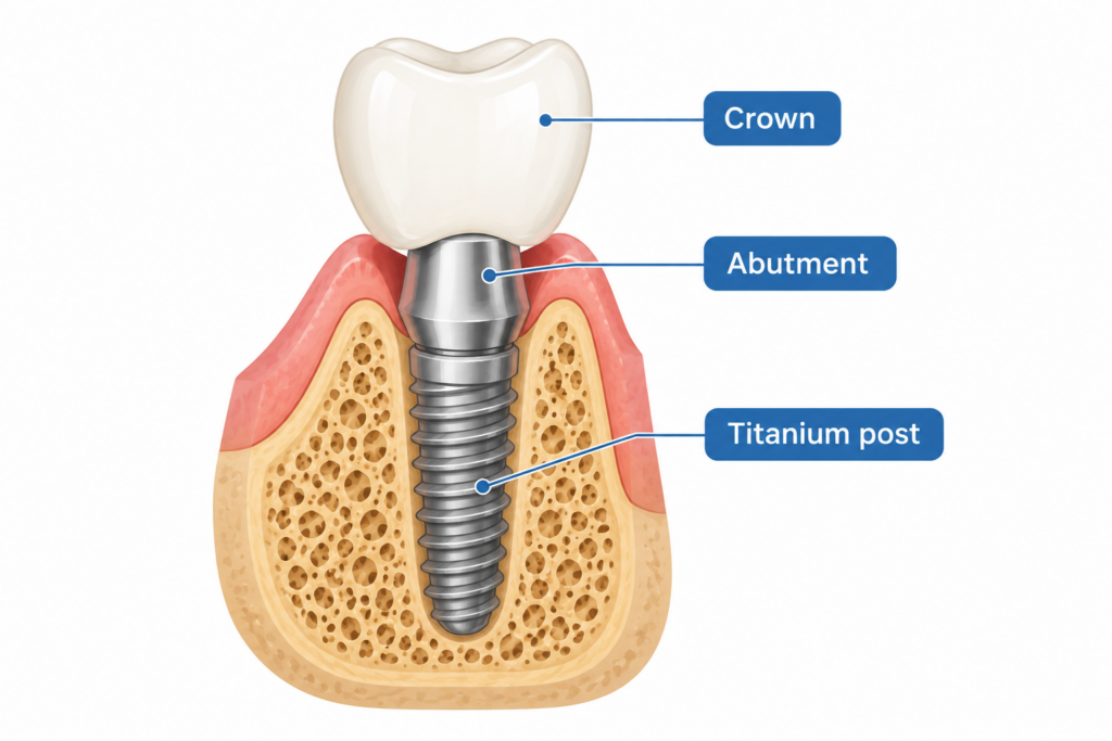 Cross-section diagram of a dental implant showing the titanium post, abutment, and crown.