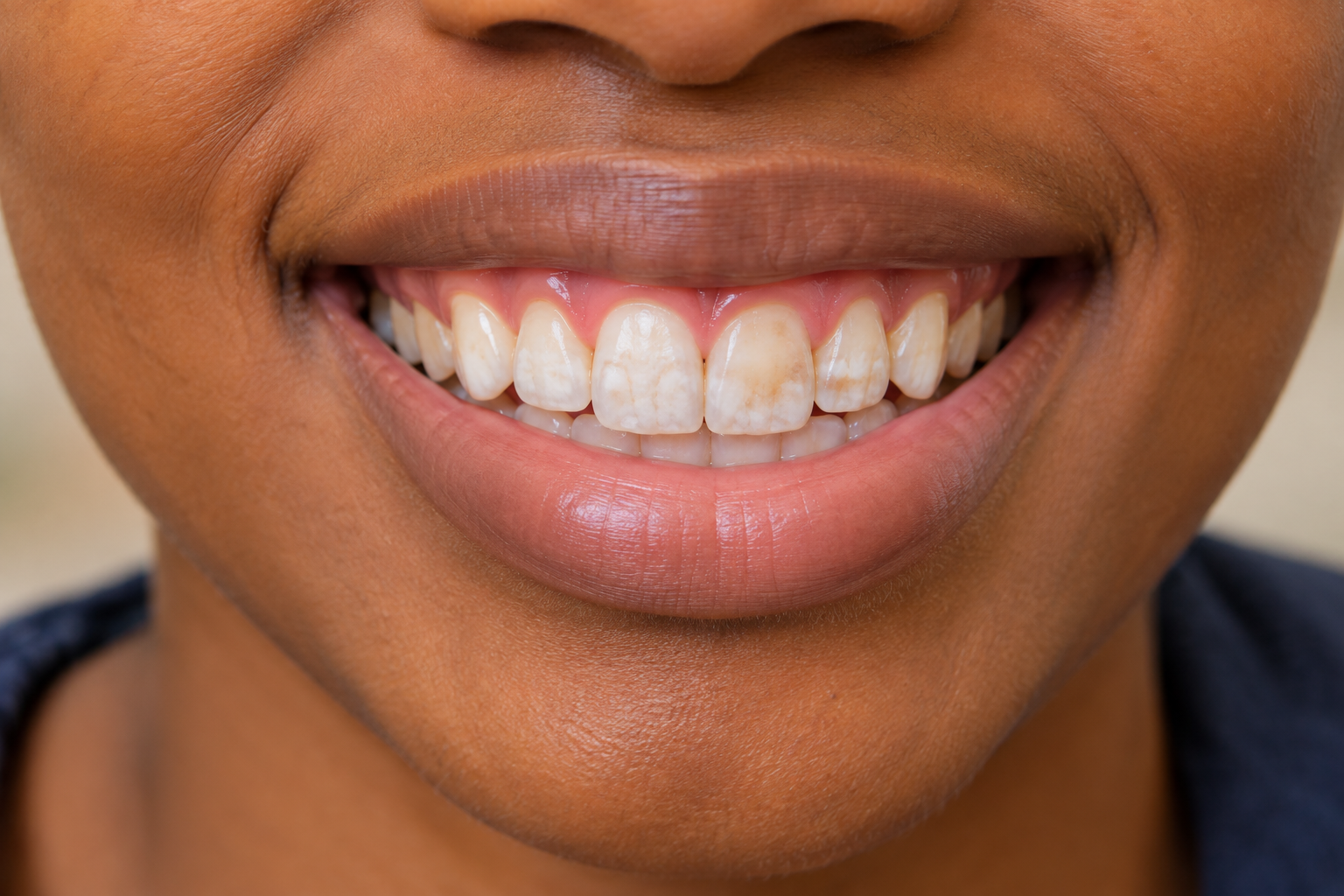 Close-up of front teeth showing mild dental fluorosis in Kenya with white flecks and light brown patches.