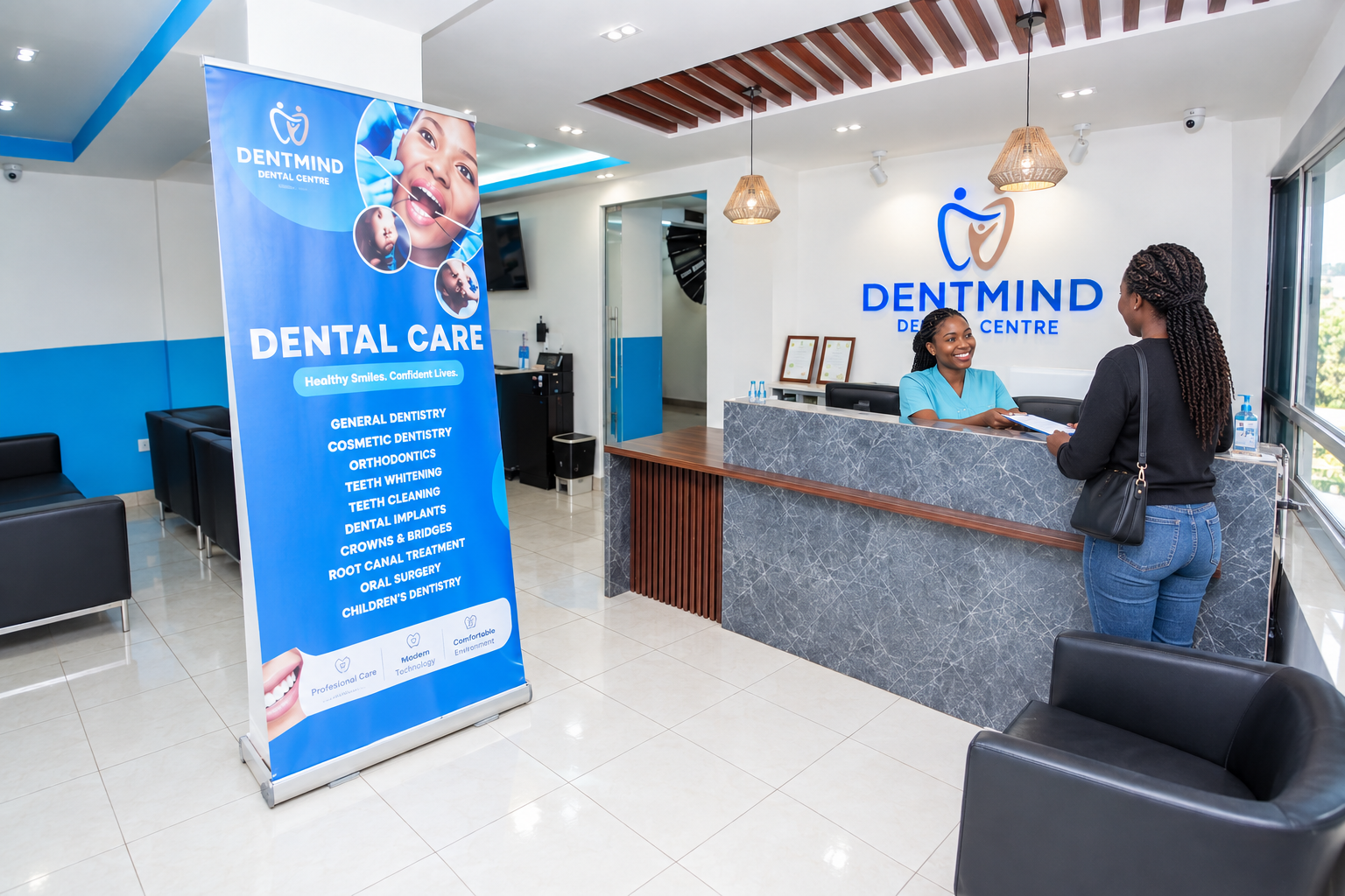 Dentist open on Sunday in Nairobi CBD welcoming a patient at a modern dental clinic reception.