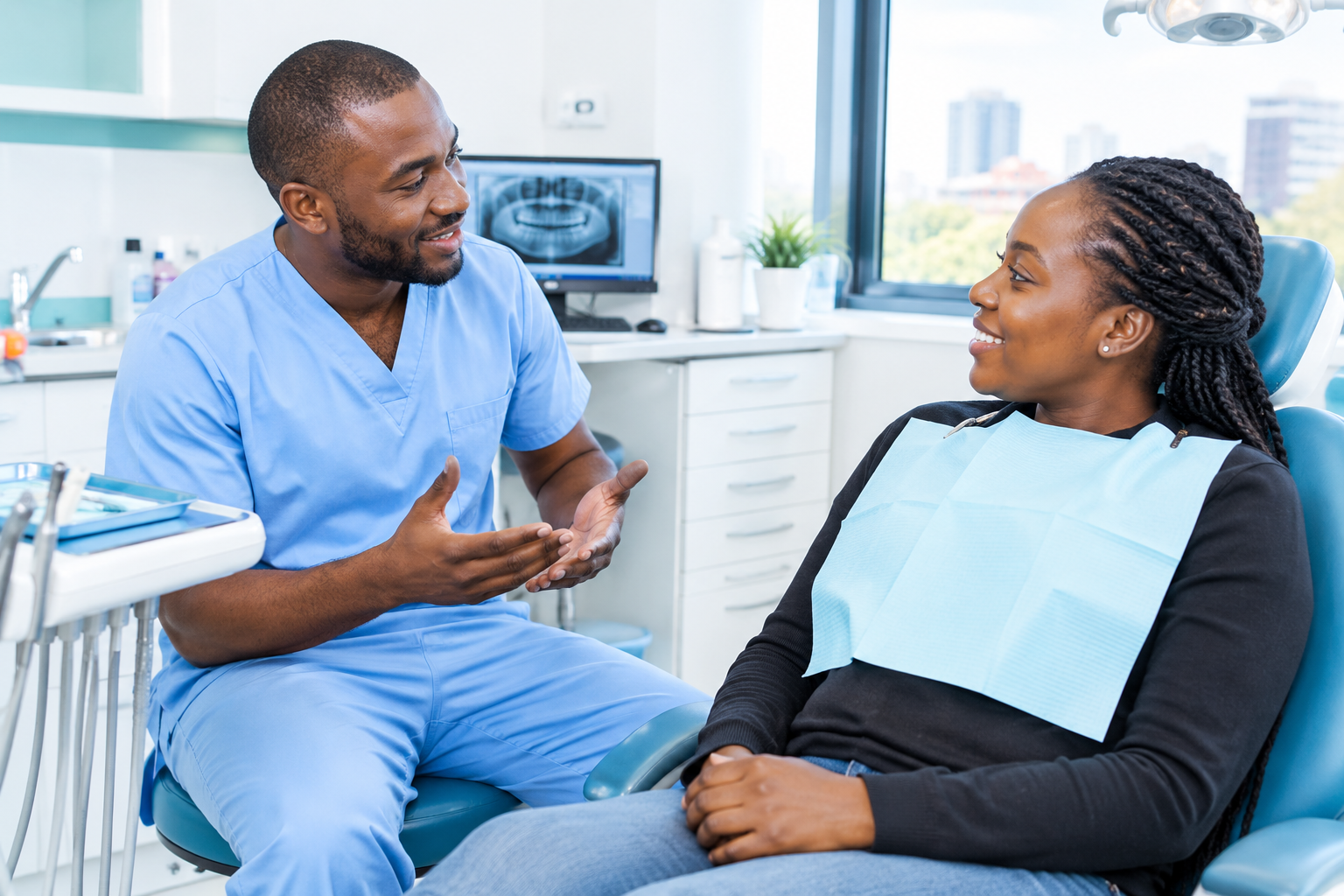 Dentist explaining common dental myths Kenyans believe to a patient at a Nairobi dental clinic.