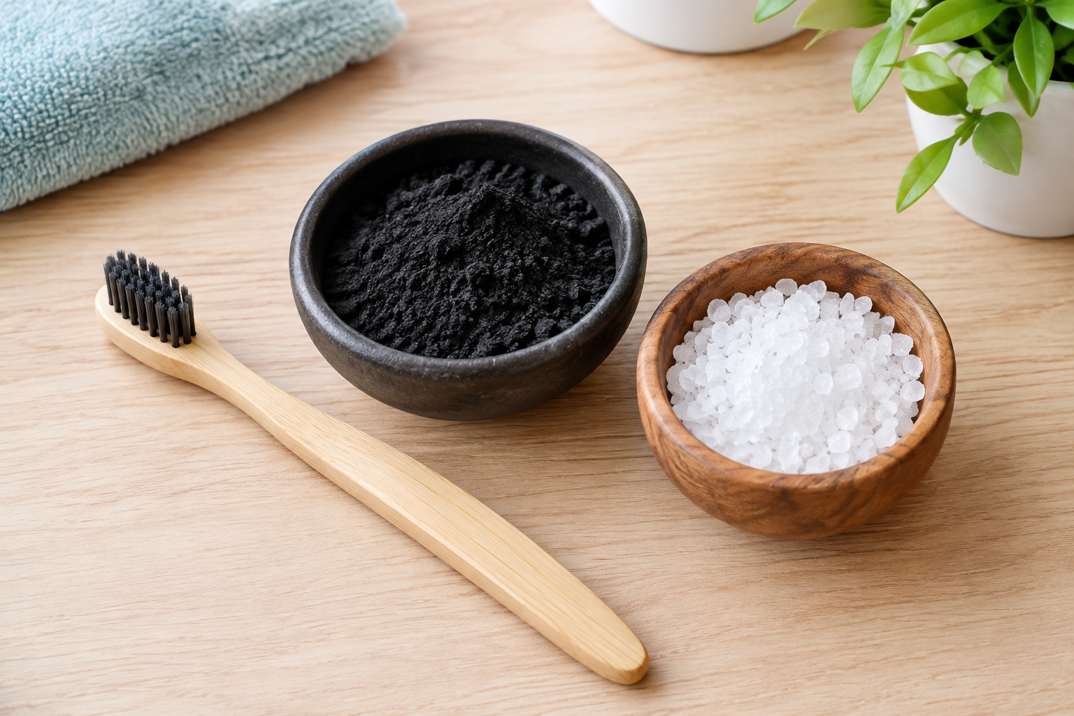 5 Common Dental Myths Kenyans Believe. Charcoal powder and coarse salt beside a toothbrush, showing abrasive home teeth whitening myths.