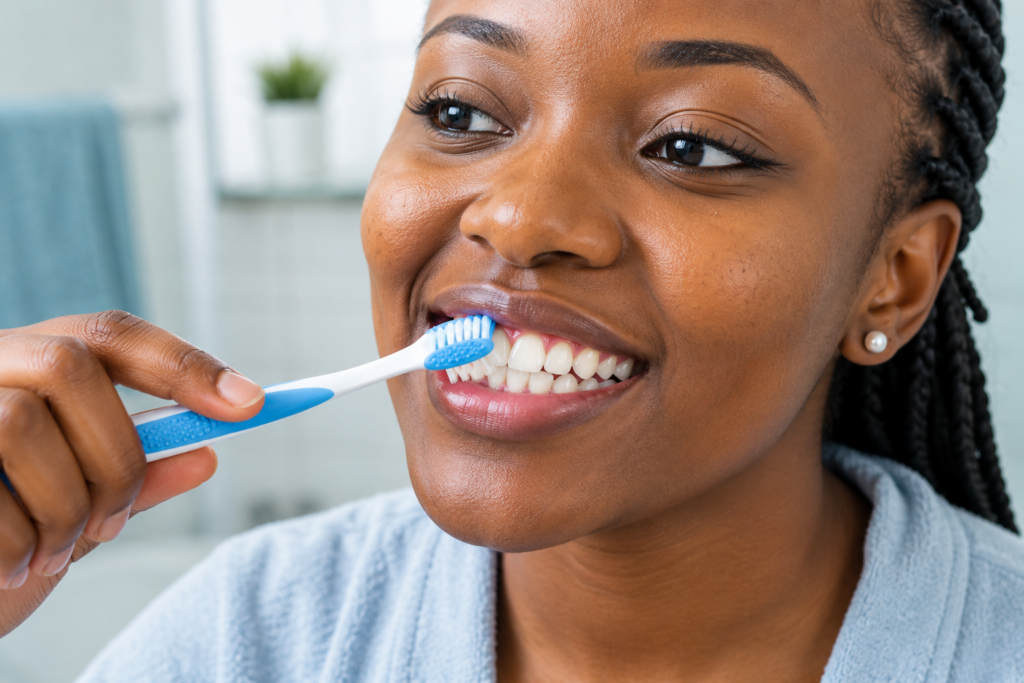 5 Common Dental Myths Kenyans Believe. Person gently brushing along the gum line with a soft toothbrush to treat bleeding gums.