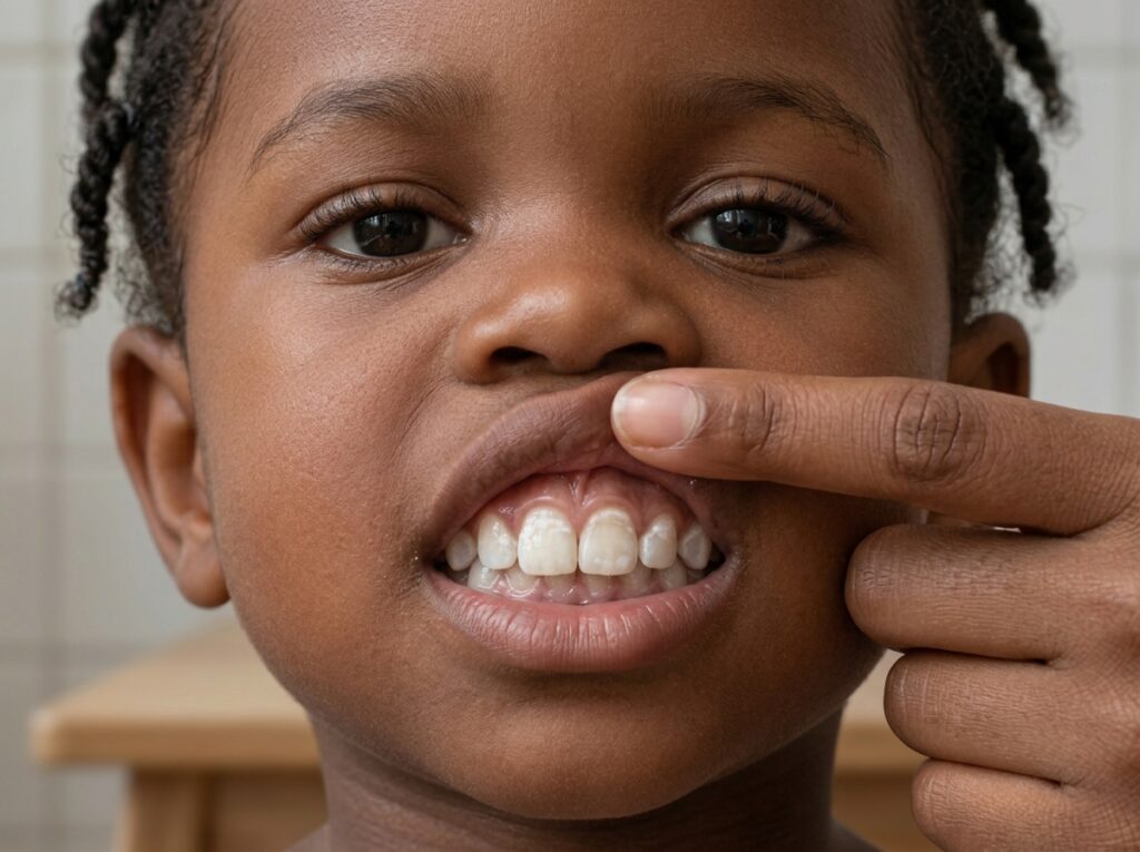 Close-up of chalky white lines on a toddler's front teeth, an early sign of tooth decay in children.
