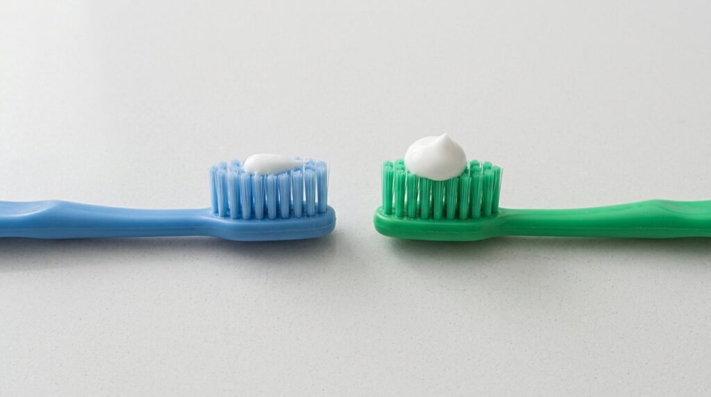 Rice-sized smear and pea-sized amount of fluoride toothpaste on children's toothbrushes.