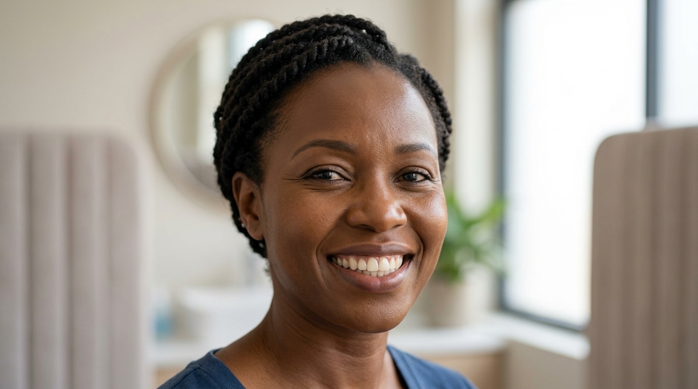 Woman smiling after a smile makeover in Nairobi with even, natural-looking teeth.