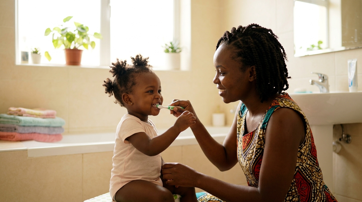 Parent brushing a toddler's teeth to prevent tooth decay in children.