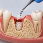 Bone graft after tooth extraction being placed into a socket during socket preservation.