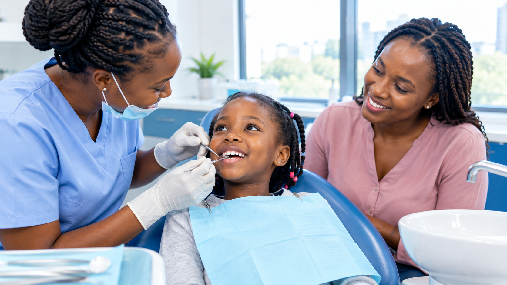 Dentist checking a young child's teeth during a first orthodontic check for braces for kids in Nairobi.