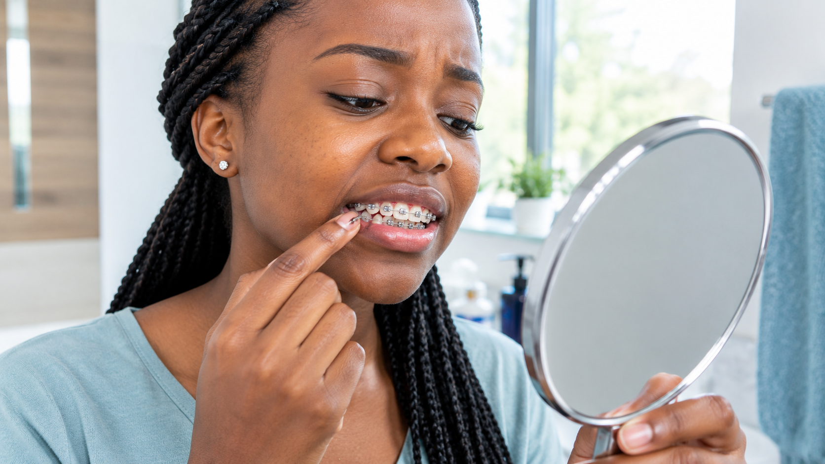 Young adult with broken braces in Nairobi checking a loose bracket in a mirror.