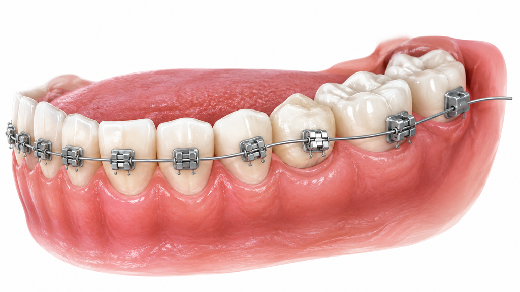 Diagram of a loose braces bracket and a poking wire end at the back of the mouth.