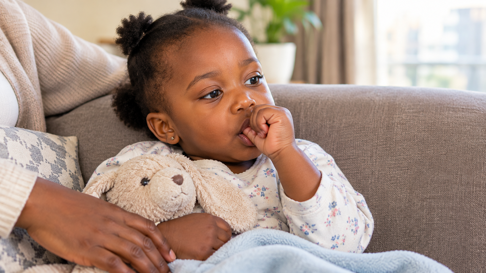 Toddler sucking thumb on a sofa, showing thumb sucking teeth habit in young children.