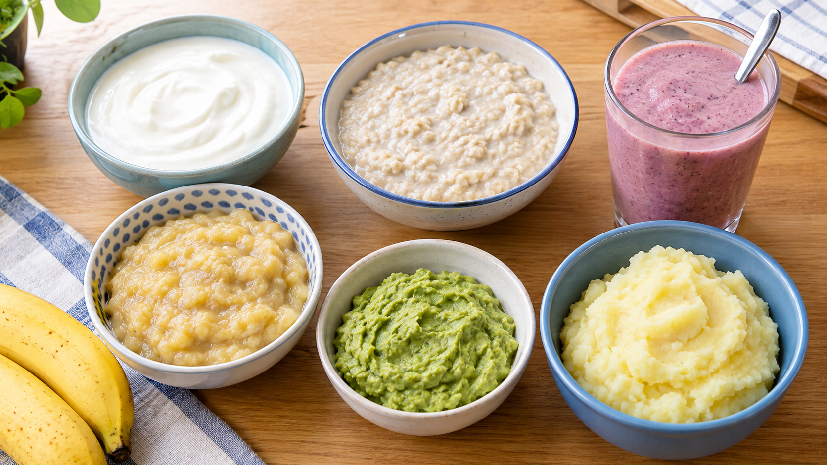 Soft foods to eat after tooth extraction, including yoghurt, mashed banana and porridge.