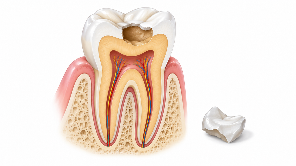 Diagram of a molar with a lost filling showing the exposed cavity and dentine.