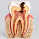 Tooth decay progressing from enamel through dentine to the nerve in a cross-section of a molar.