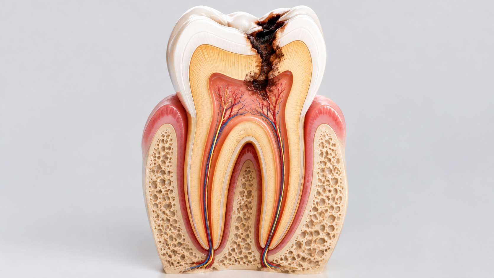 Tooth decay progressing from enamel through dentine to the nerve in a cross-section of a molar.