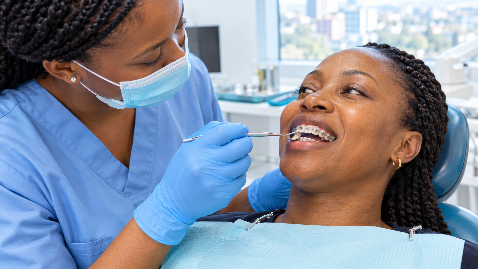 Adult patient with braces having gums checked by a dentist in Nairobi CBD.