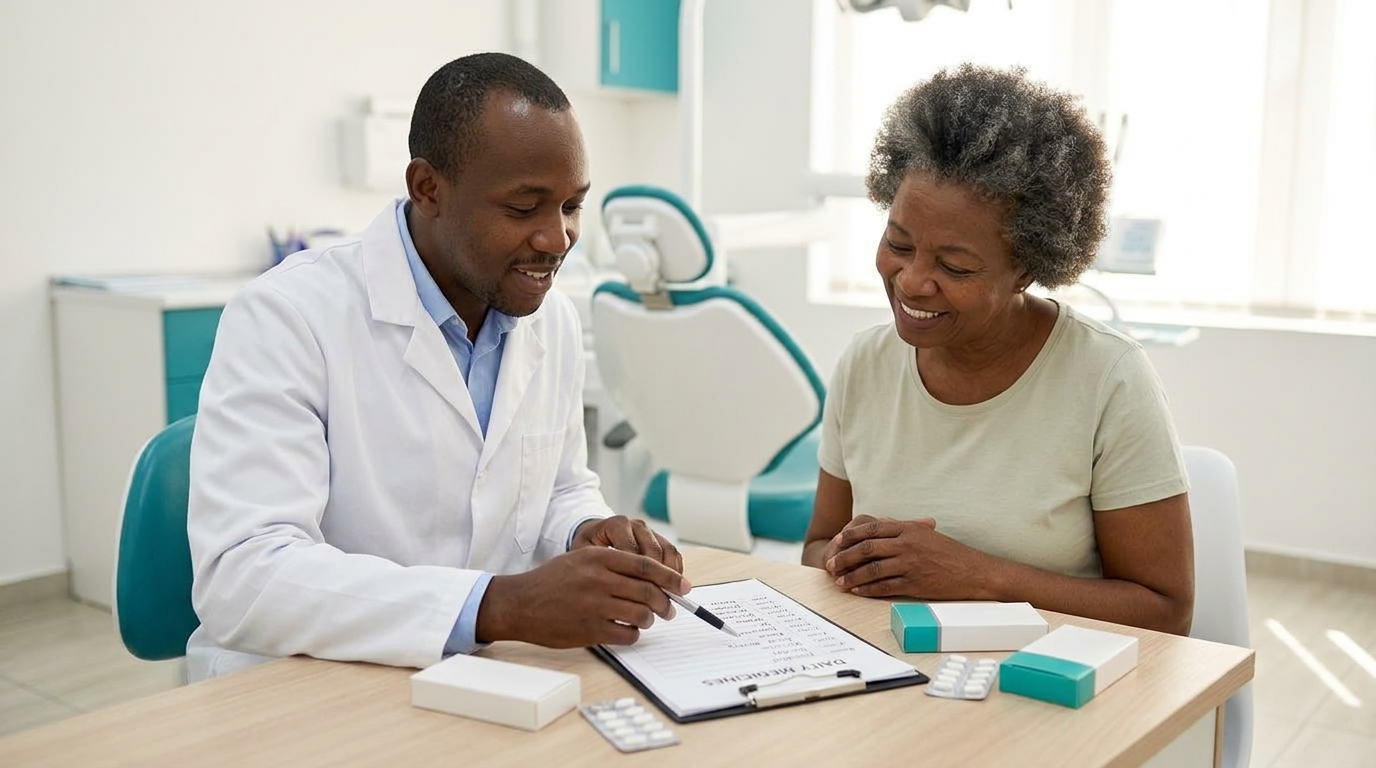 Dentist reviewing a patient's medicine list before a tooth extraction on blood thinners.
