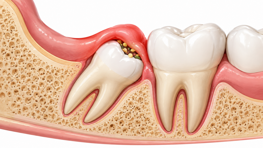 Wisdom Tooth Pain and Swelling in Nairobi: When It Becomes an Emergency. Diagram of pericoronitis showing gum flap over partly erupted lower wisdom tooth.