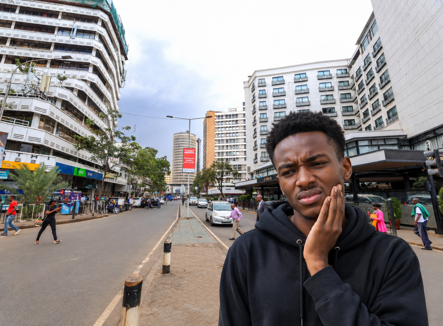 Young adult holding swollen jaw with wisdom tooth pain in Nairobi.
