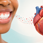 Illustration of the link between gum disease and heart disease showing a smile and a heart.