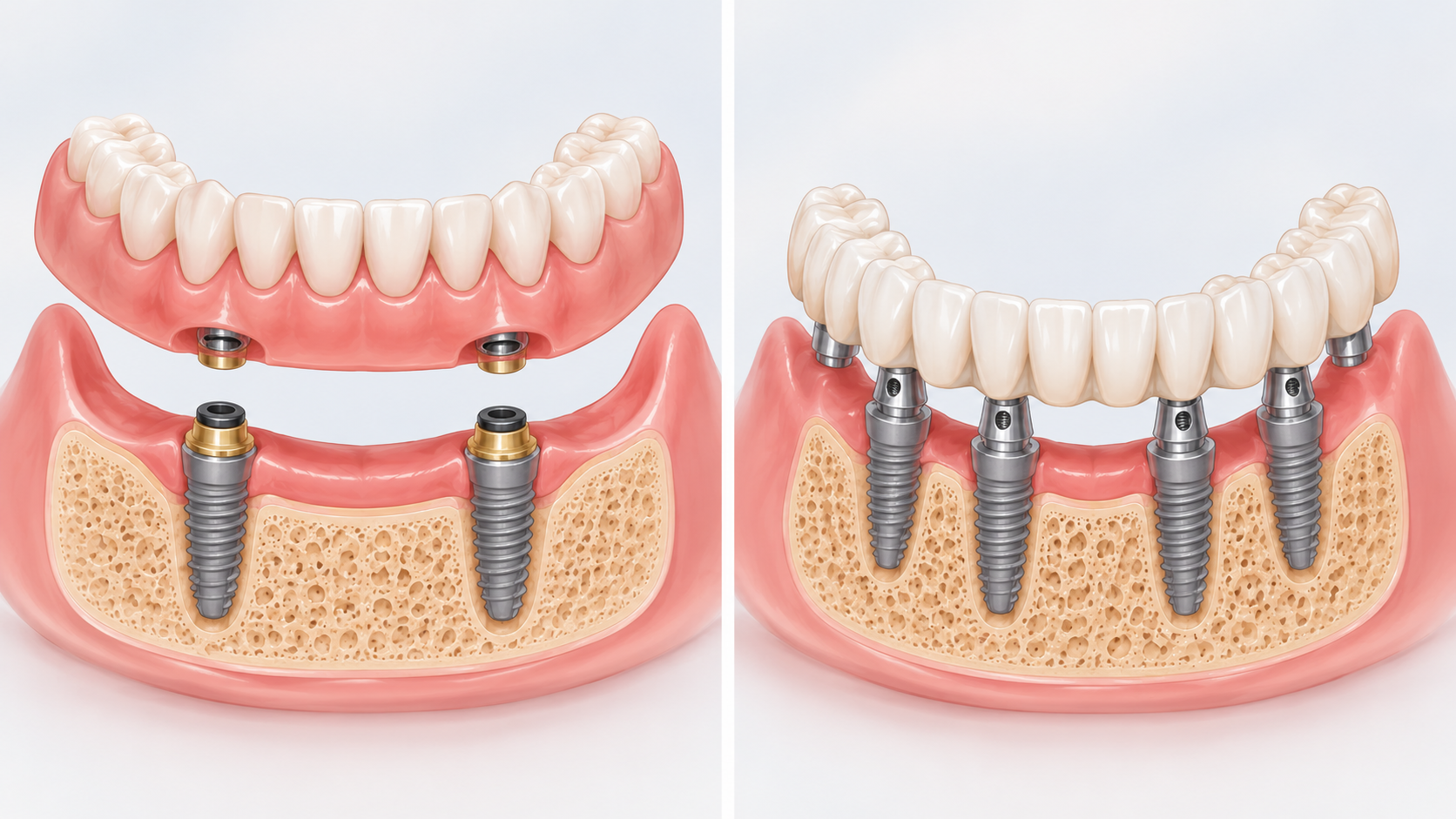 Implant-supported dentures compared: removable overdenture and fixed full-arch bridge.