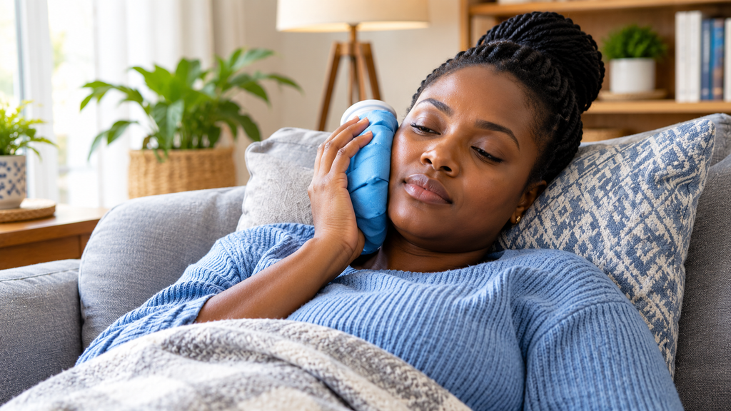 Woman resting with a cold pack on her cheek during tooth extraction recovery.