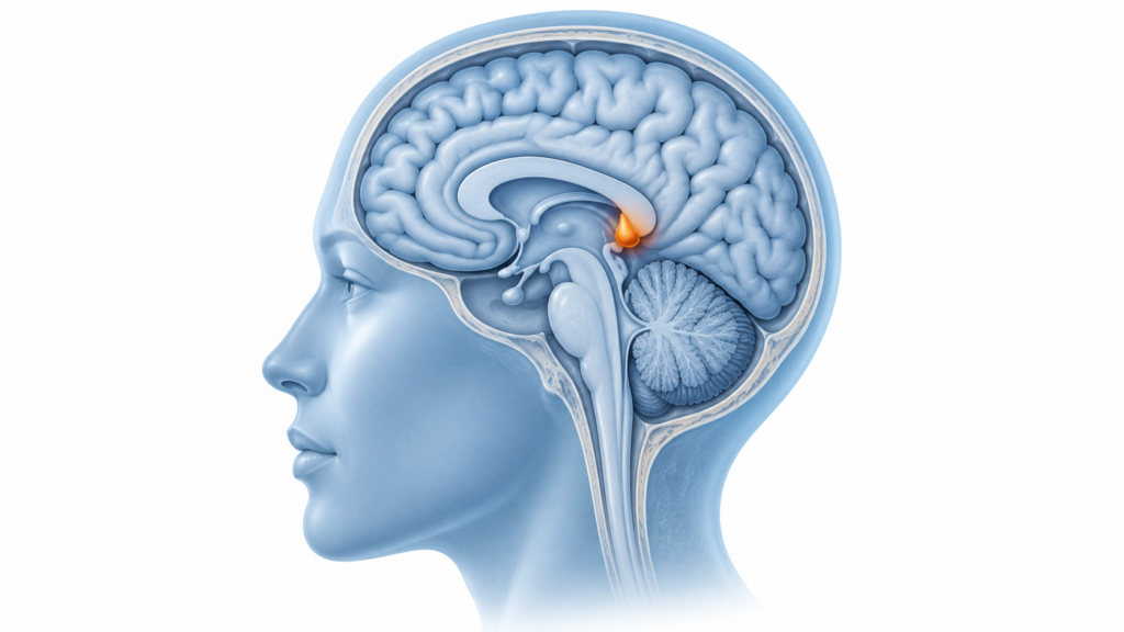 Is Your Toothpaste Switching Off Your Brain? Fluoride, the Pineal Gland and 80 Years of Evidence. Illustration showing the location of the pineal gland in the human brain.