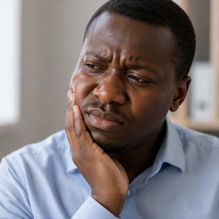 Man in Nairobi CBD holding his swollen cheek from a dental abscess.