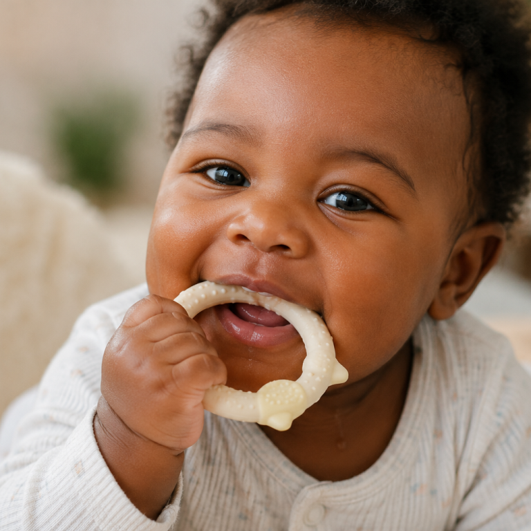 Teething in babies: infant chewing on a chilled silicone teething ring with sore gums.