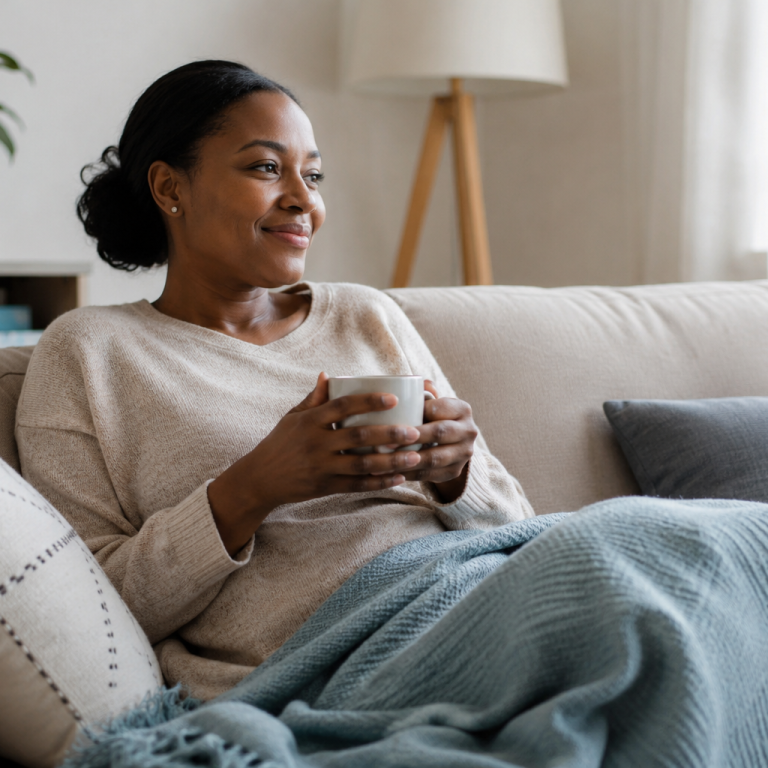 Woman resting comfortably at home during dental implant recovery.