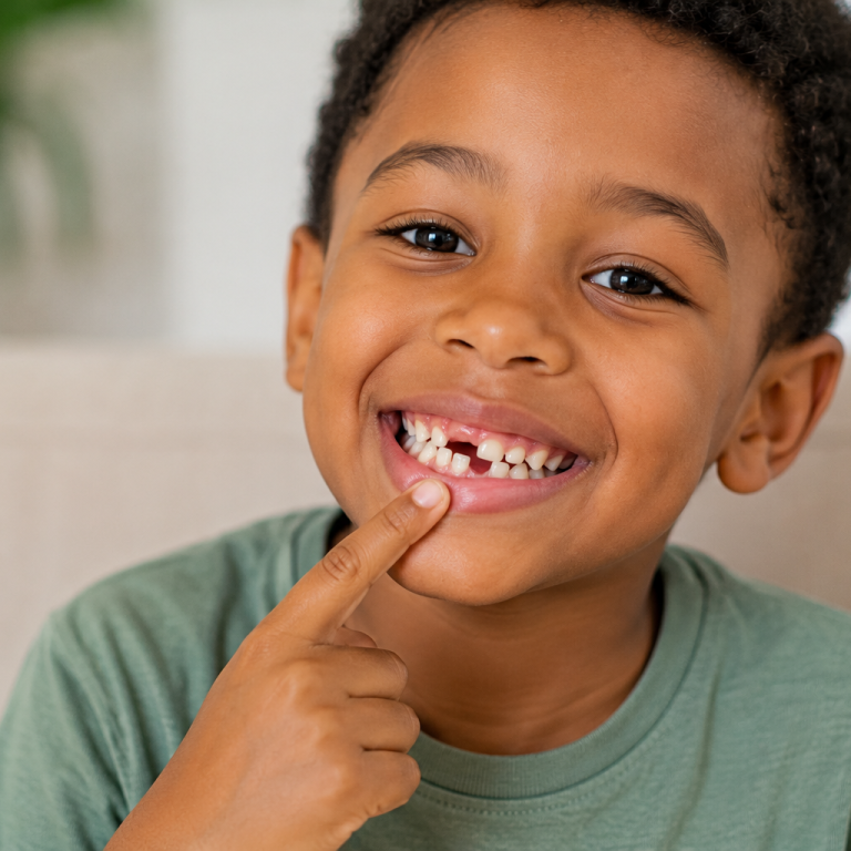 Young child smiling and pointing to a loose baby tooth at the front of the mouth.