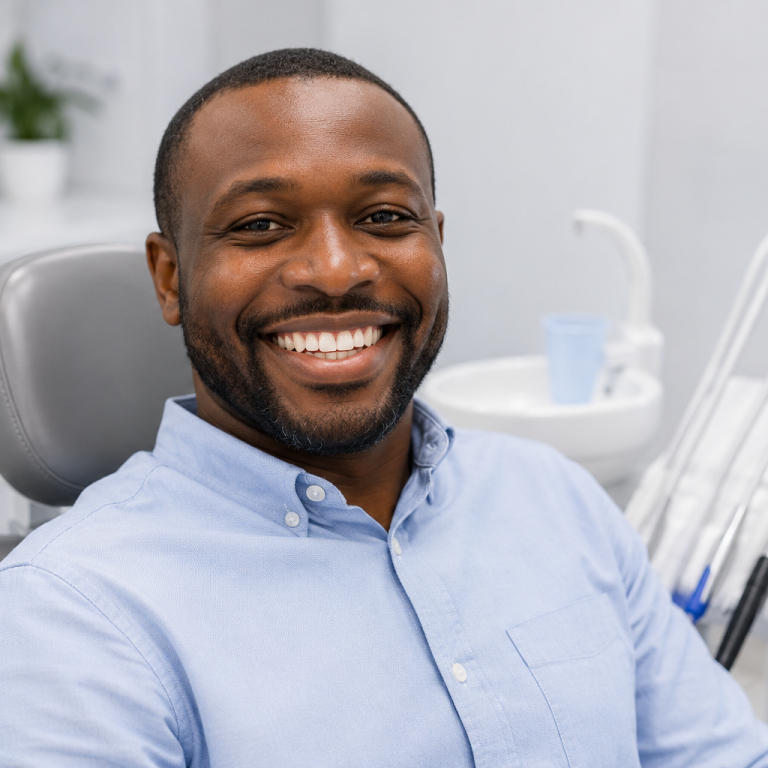 Man smiling confidently after replacing a missing tooth with an implant or bridge