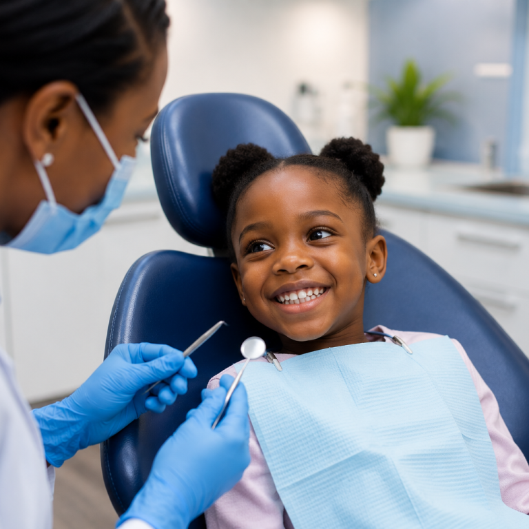 Child sitting in dental chair smiling at dentist during first dental visit at children's dentist Nairobi CBD.