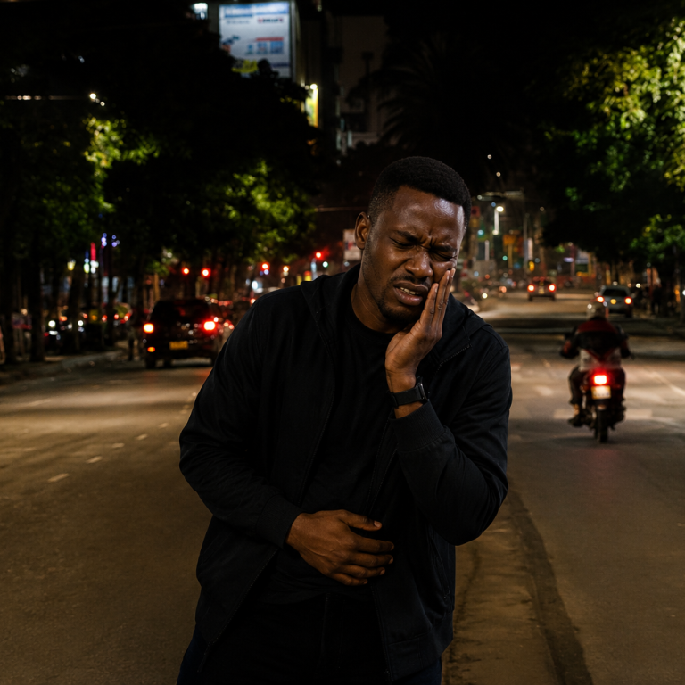 Person suffering from toothache at night seeking emergency dental care in Nairobi CBD