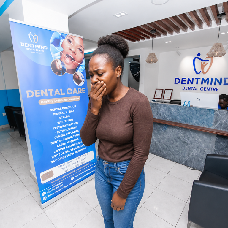 Person with bad breath seeking treatment at DentMind CBD Dental Centre Nairobi CBD