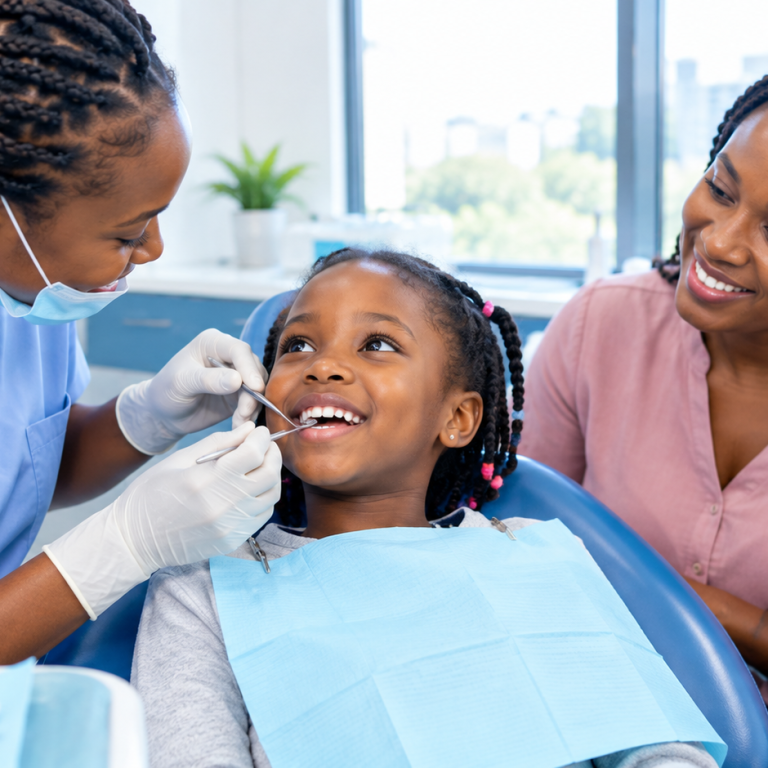 Dentist checking a young child's teeth during a first orthodontic check for braces for kids in Nairobi.