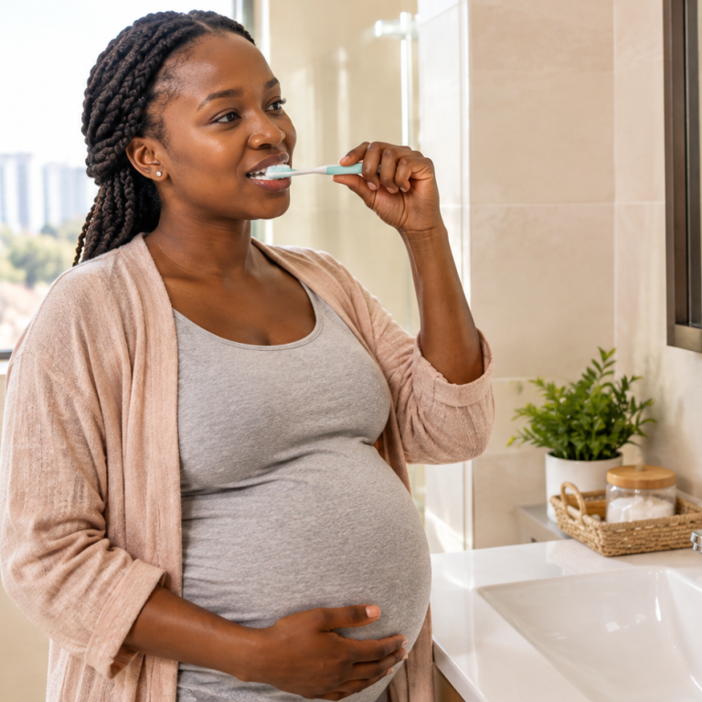 Pregnant woman brushing her teeth gently to prevent pregnancy gingivitis.