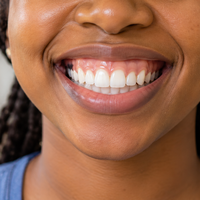 Smiling adult showing a gummy smile with a band of gum above the upper teeth.