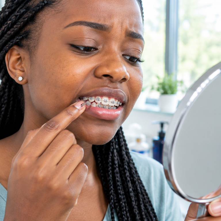 Young adult with broken braces in Nairobi checking a loose bracket in a mirror.