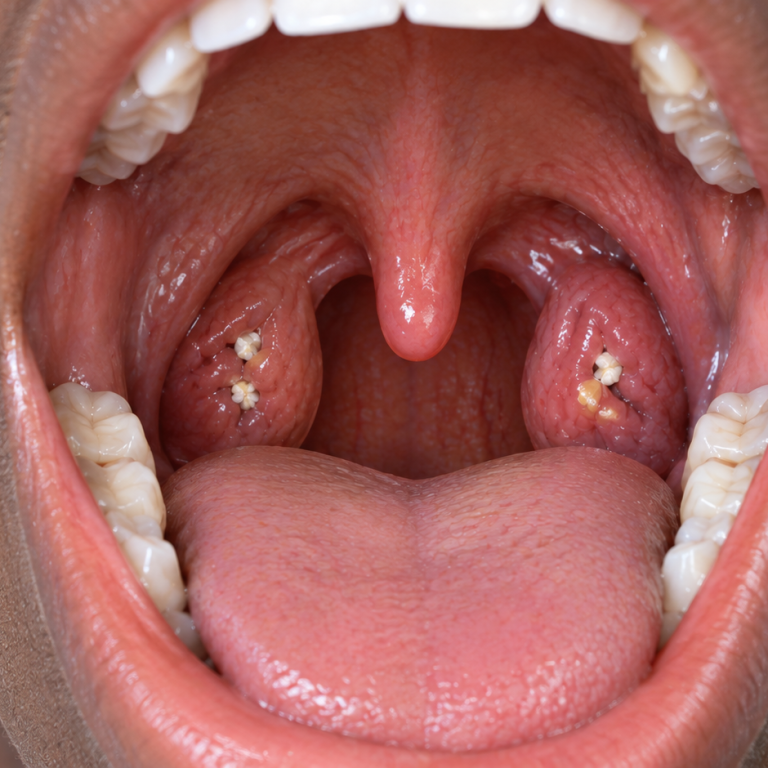 Illustration of the back of the throat showing small white tonsil stones in the tonsil crypts.