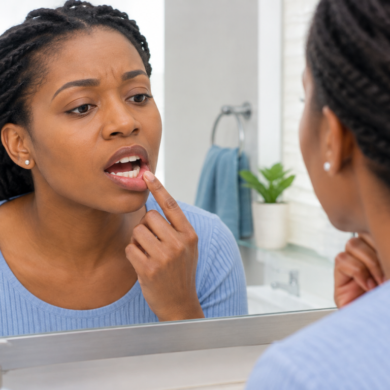 erson checking a mouth sore that won't heal in a mirror before a dental visit.