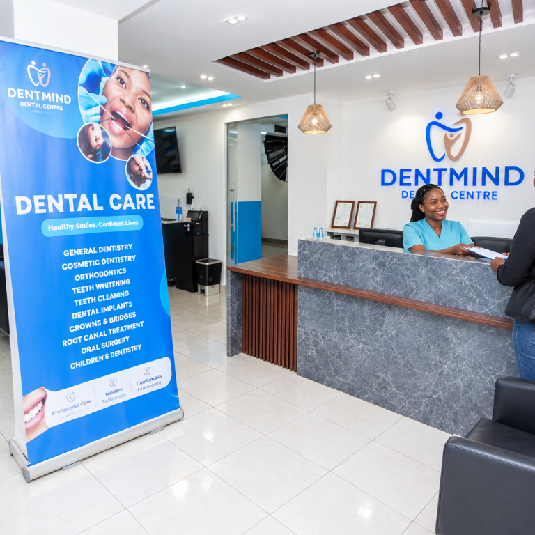 Dentist open on Sunday in Nairobi CBD welcoming a patient at a modern dental clinic reception.