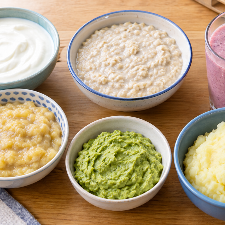 Soft foods to eat after tooth extraction, including yoghurt, mashed banana and porridge.